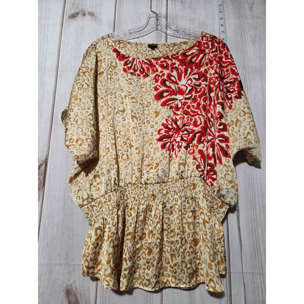 Rafaella Studio Women XL Leopard Floral Satin Blouse Smocked Waist Dolman Sleeve